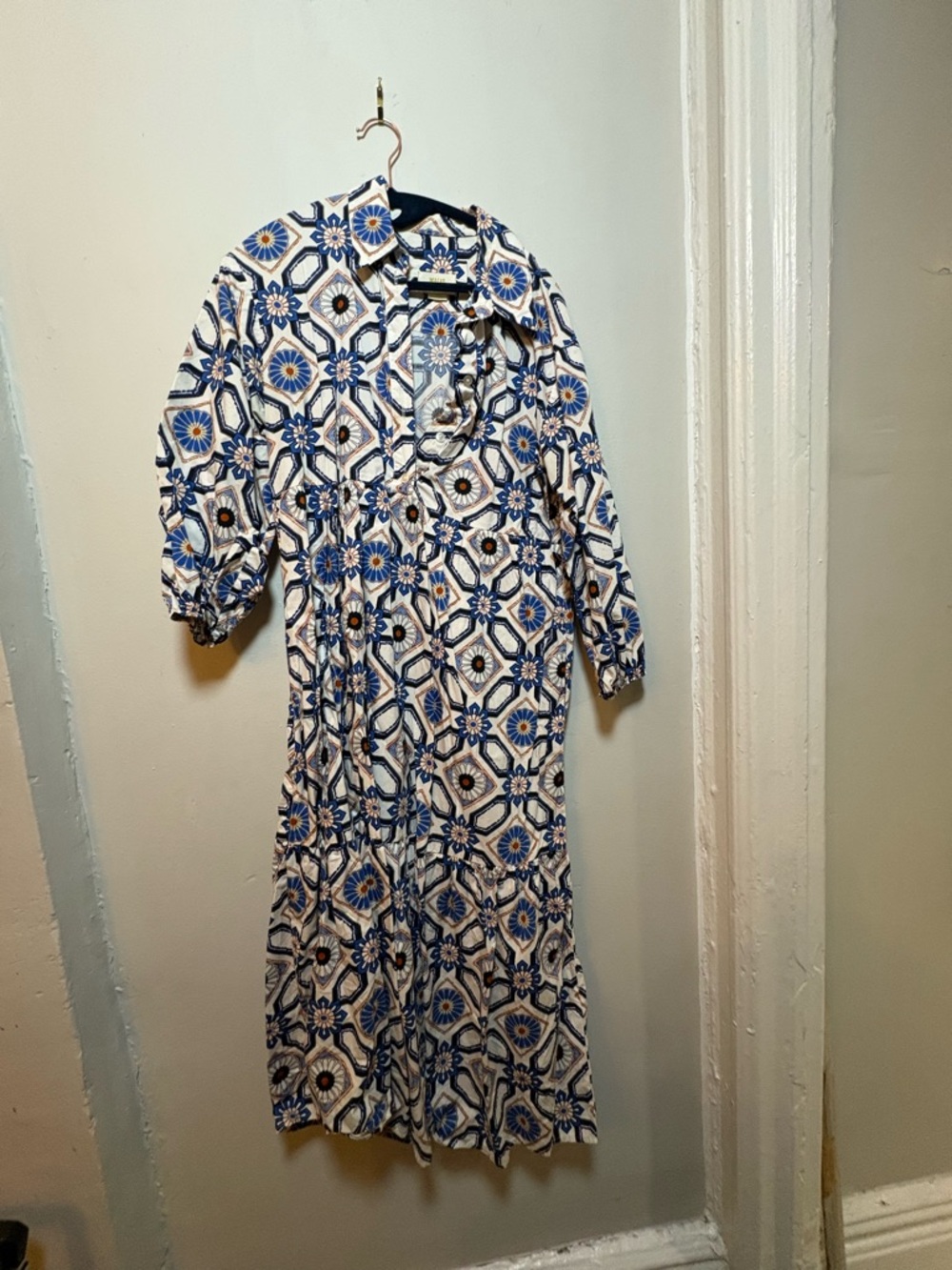 Blue and White Floral Tile Print Maxi Dress